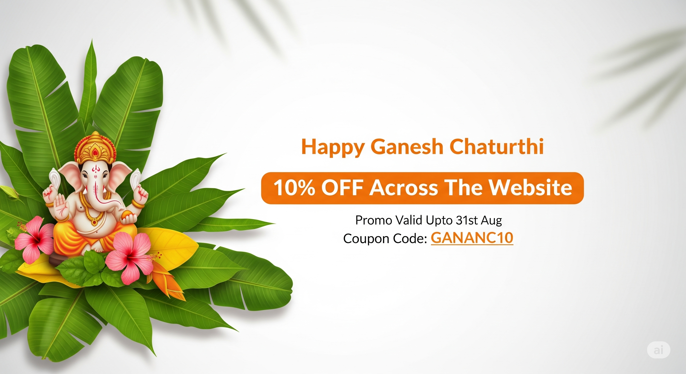 Promotional banner for Ganesh Chaturthi with Lord Ganesha, leaves, and flowers on a white background.